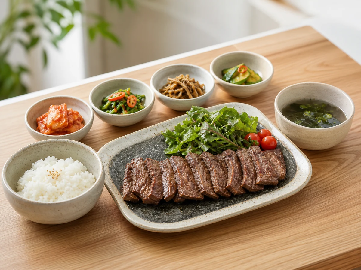 제철 고기와 구운 채소를 담은 숯불 한 상